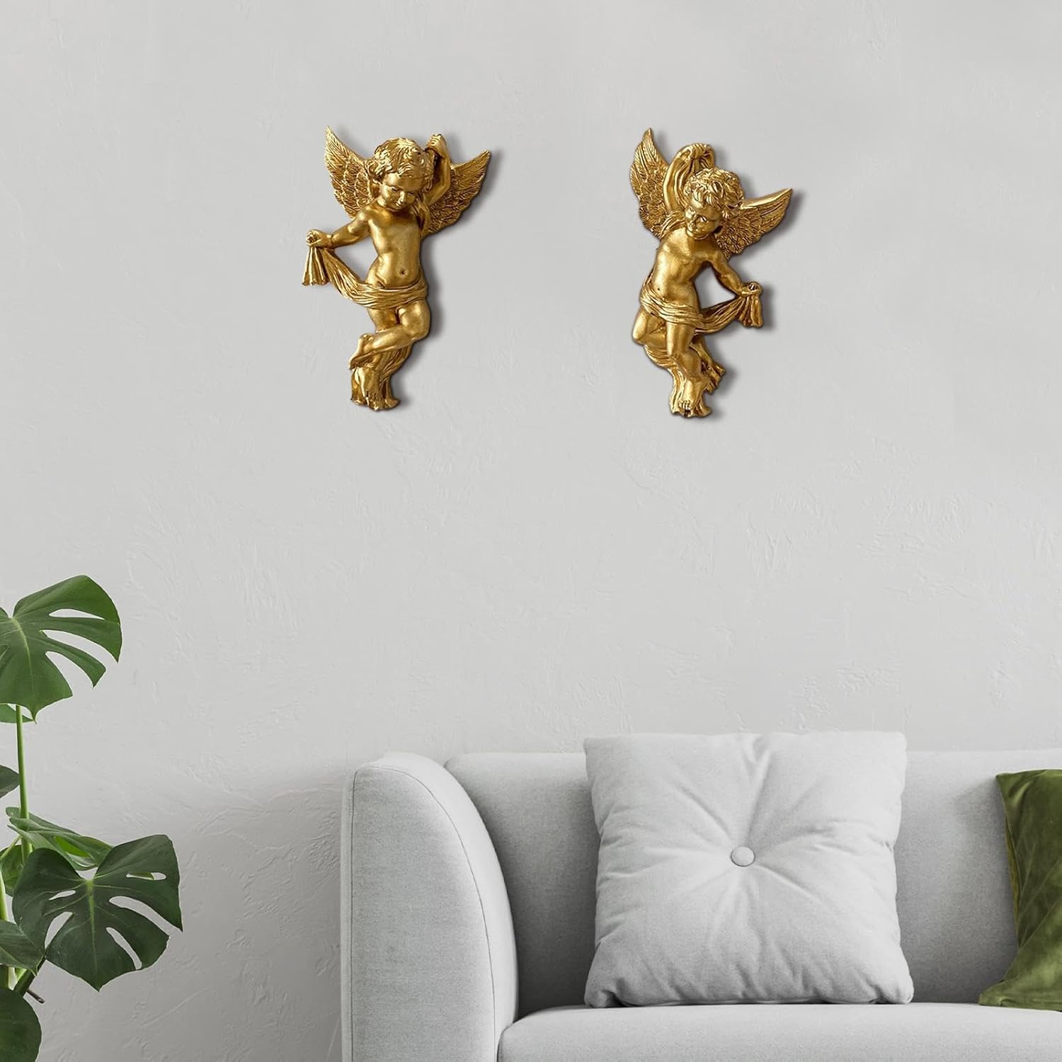 Set of 2 Resin Angel Cherub Wall Sculptures Angelic Figure Lovely 5.7inch Tall Wall Decoration for Living Room Lightweight