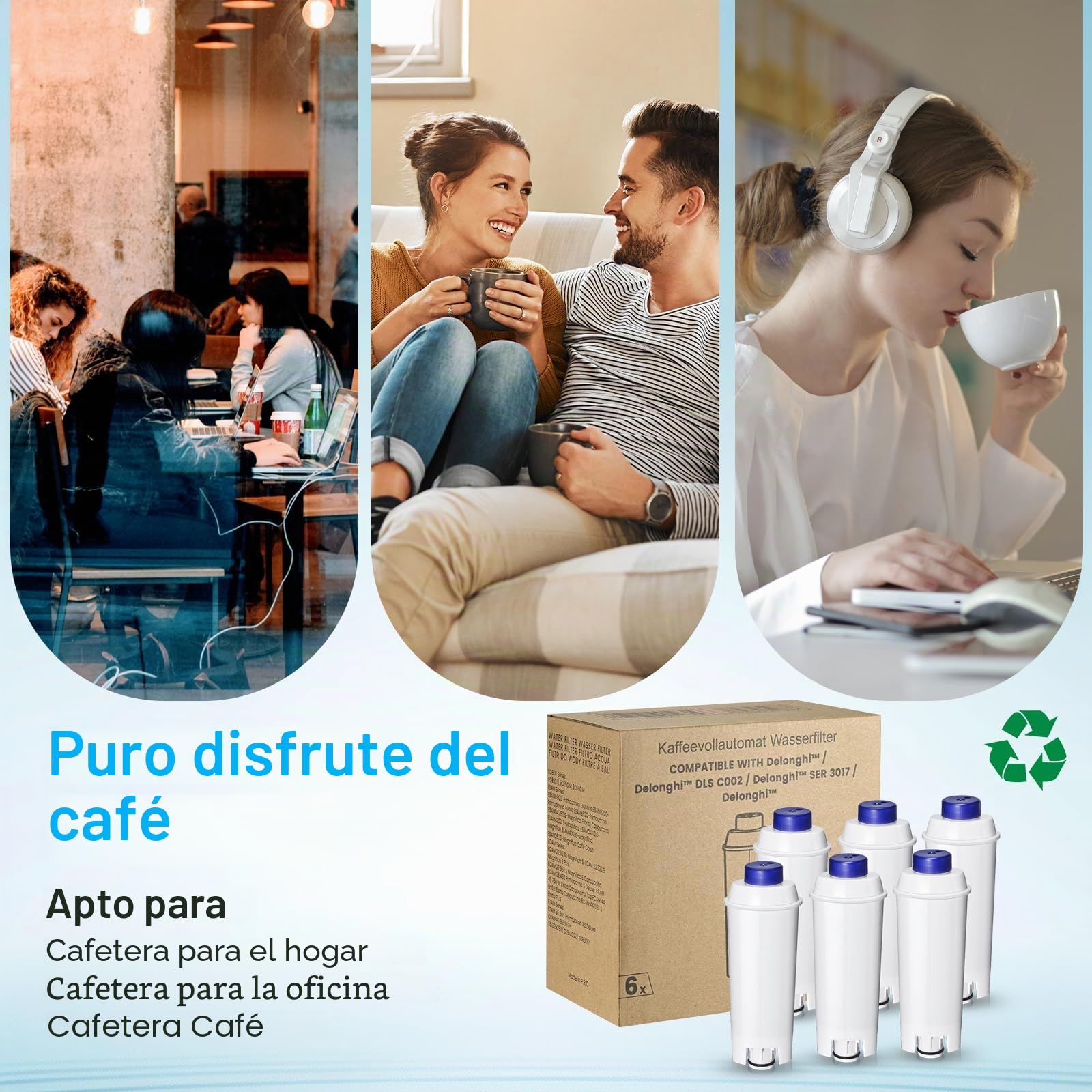 Mutital 6 filtros de agua para cafeteras automáticas DeLonghi con descalcificador de carbón activo Filtros Delonghi para series De'Longhi ECAM, ETAM, EC, BC, Repuesto DLSC002, SER3017 y 5513292811