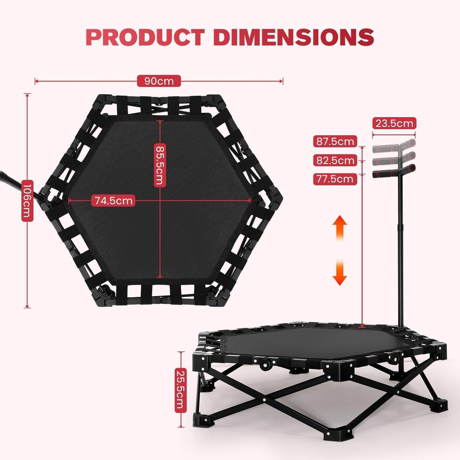 Fitness Trampolin klappbar,150KG Tragfähigkeit 3 verstellbare Handgriffstufen klappbar Tragbares mit geräuscharmes Design Stabiler&leiser Übungs-Rebounder für Kinder&Erwachsene