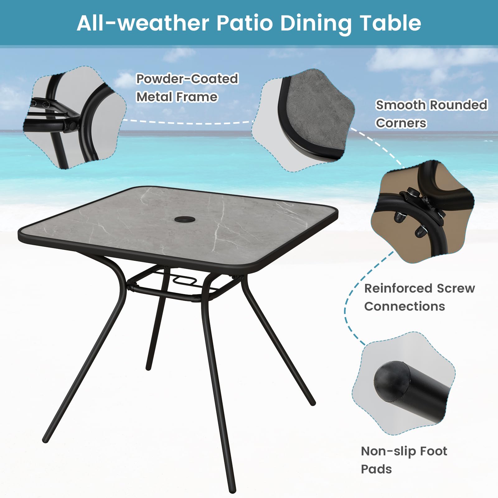 GIANTEX Mesa de jardín, mesa con orificio central para sombrilla, mesa cuadrada de exterior, estructura metálica, capacidad de carga 100 kg, tablero con diseño de imitación de mármol, color negro