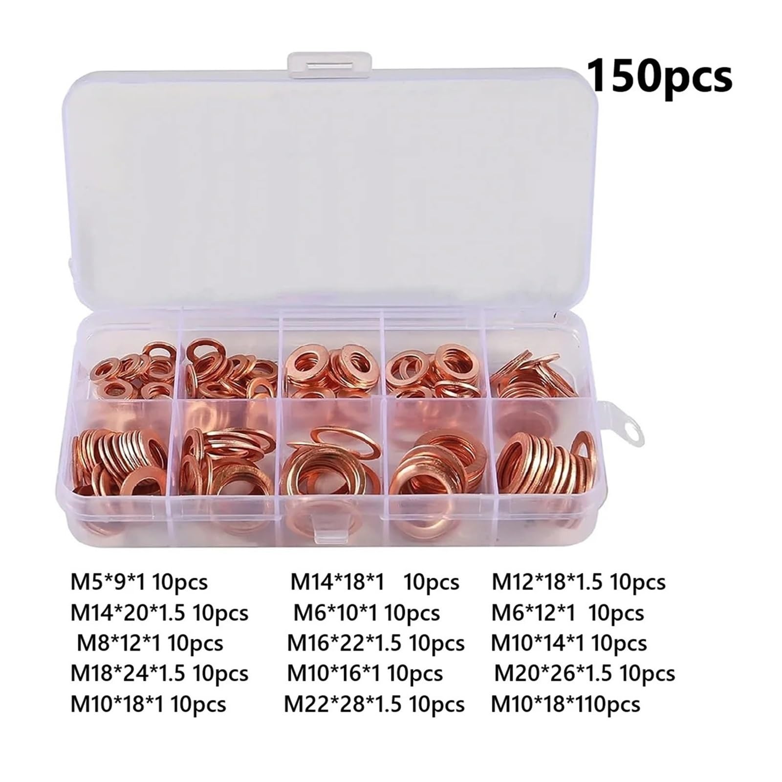 Set di guarnizioni for rondelle in rame Kit di assortimento di guarnizioni ad anello piatto for coppa dell'olio in scatola(150pcs)