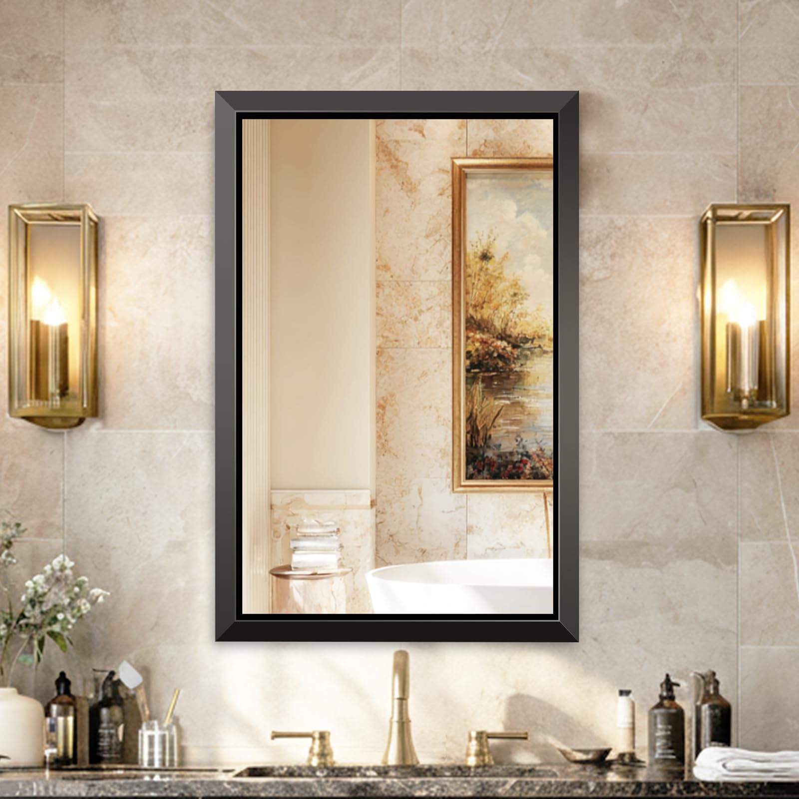 USHOWER 24x36 Inch Floating Bathroom Mirror - Brushed Black Wall Mirror for Over Sink, Anti-Rust, Beveled Aluminum Frame, Modern Rectangular HD Reflection Vanity Mirror(Copper-Free Silver Coating)