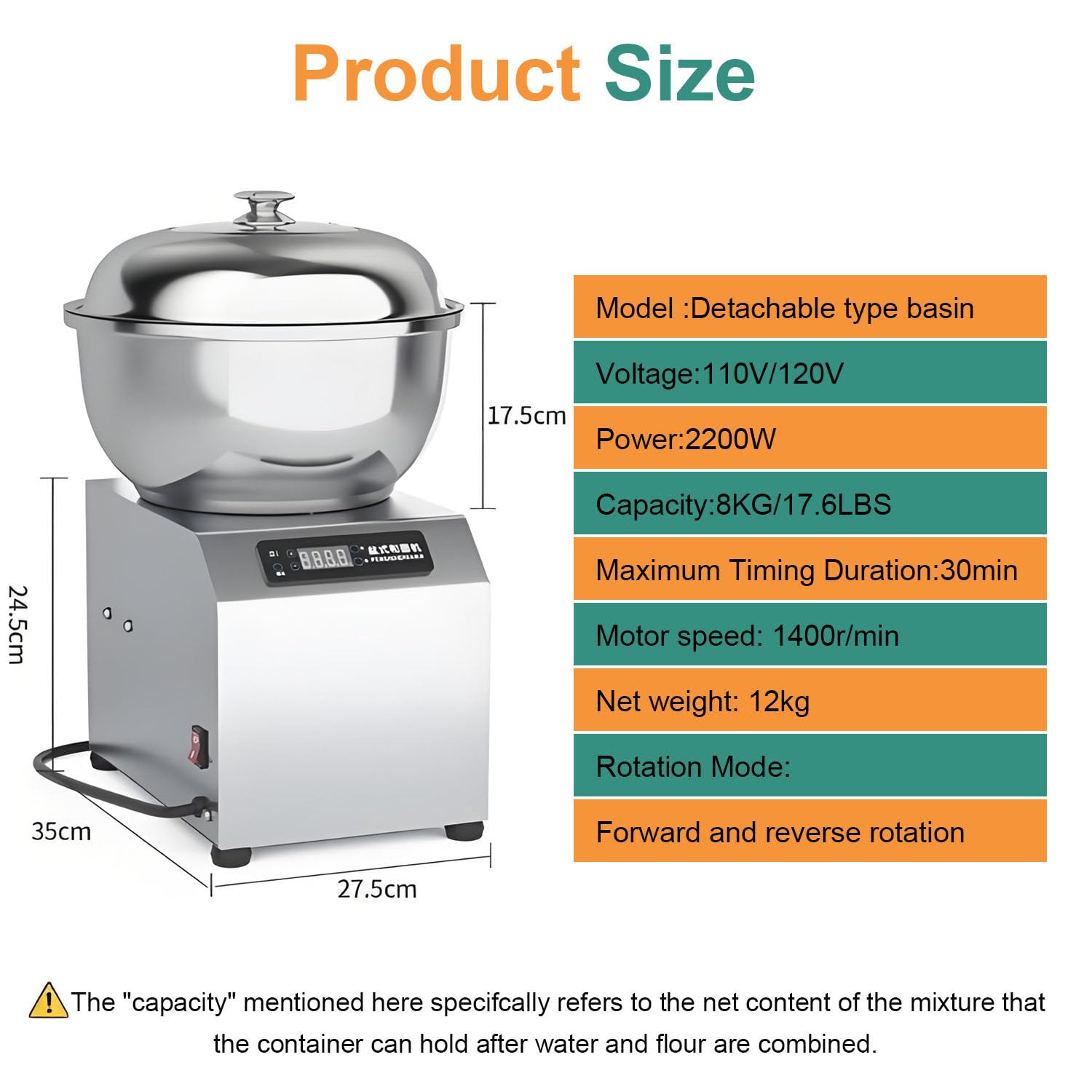 Impastatrice commerciale, impastatrice elettrica da 2200 W, con timer, impastatrice in acciaio inox, impastatrice a spirale elettrica da 1400 giri/min con doppia rotazione, per ripieno di gnocchi 8KG