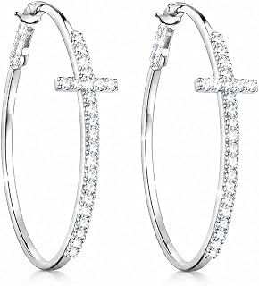 Silver Cross Hoop Earrings for Women, 50mm Lightweight Cross Earrings, Silver Tone Statement Jewelry Gift