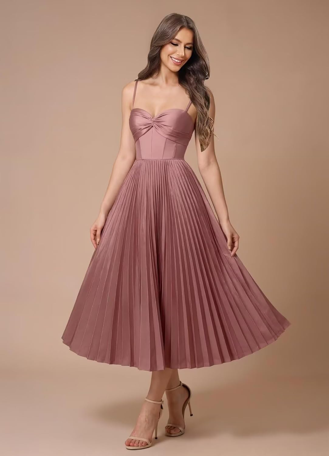 Spaghetti Straps Satin Bridesmaid Dresses 2025 A Line Pleated Tea Length Formal Dress Corset Midi Dress for Women