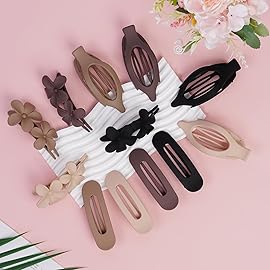 12 Pack Flat Hair Clips Set for Women -Matte Neutral Claw Clips, Flat Barrettes & Flower Hair Pins in Black, Blonde,Light Brown & Dark Brown, Strong Hold Styling Accessories for Thick & Thin Hair