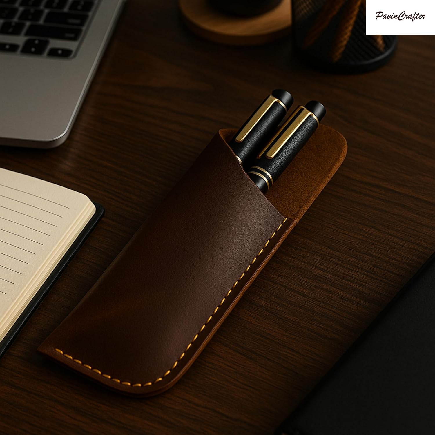 Genuine Leather Pen Case Holder – Handmade Double Pen Sleeve for Fountain Pens, Pencils & Ballpoints – Full Grain Genuine Leather Pouch Cover – Dark Brown