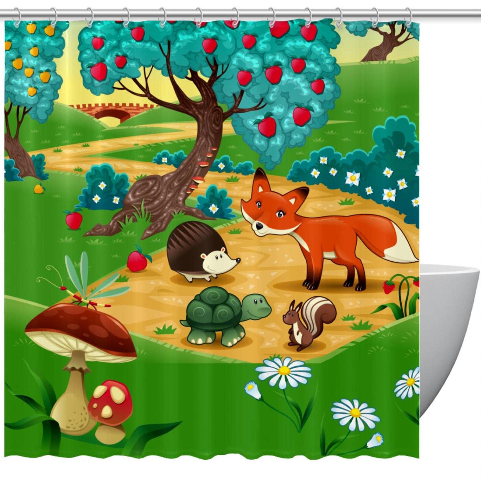 Rideau de douche imperméable avec 12 crochets motif renard hérisson 152x183 cm