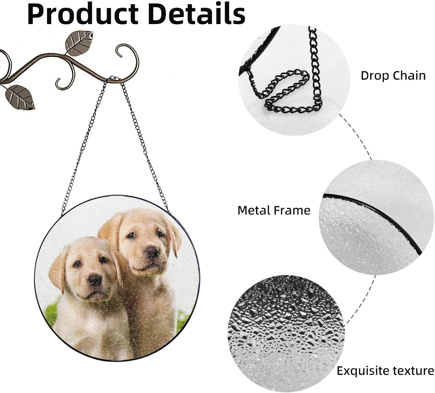 Stained Glass Window Hanging 6in（15cm）, Funny Labrador Puppy Dog Glass Suncatcher for Home Decor, Indoor Wall Art Glass Panel with Metal Chain and Hooks, Sun Catcher Ornament Birthday Gifts