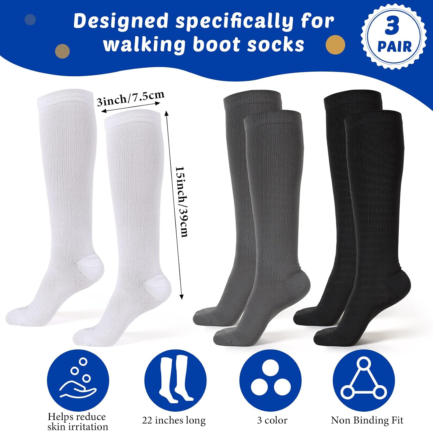 Seematn 3 Pair Replacement Sock Liner Walking Boot Sock for Compression Cast Boot Walker Brace Women and Men, One Size Fits Most, Black, Gray, White