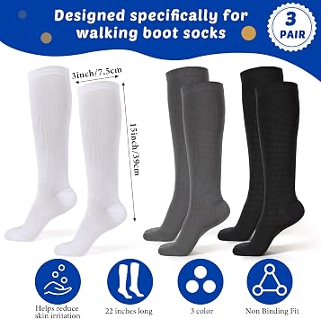 Seematn 3 Pair Replacement Sock Liner Walking Boot Sock for Compression Cast Boot Walker Brace Women and Men, One Size Fits Most, Black, Gray, White