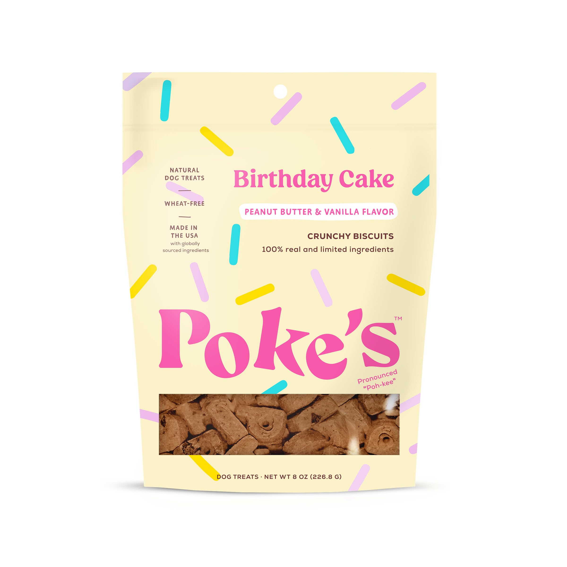Birthday Cake Dog Treats, Crunchy Biscuits, Peanut Butter & Vanilla Recipe, Limited Ingredient Natural Dog Treats, Made in USA, Wheat-Free, 8 oz