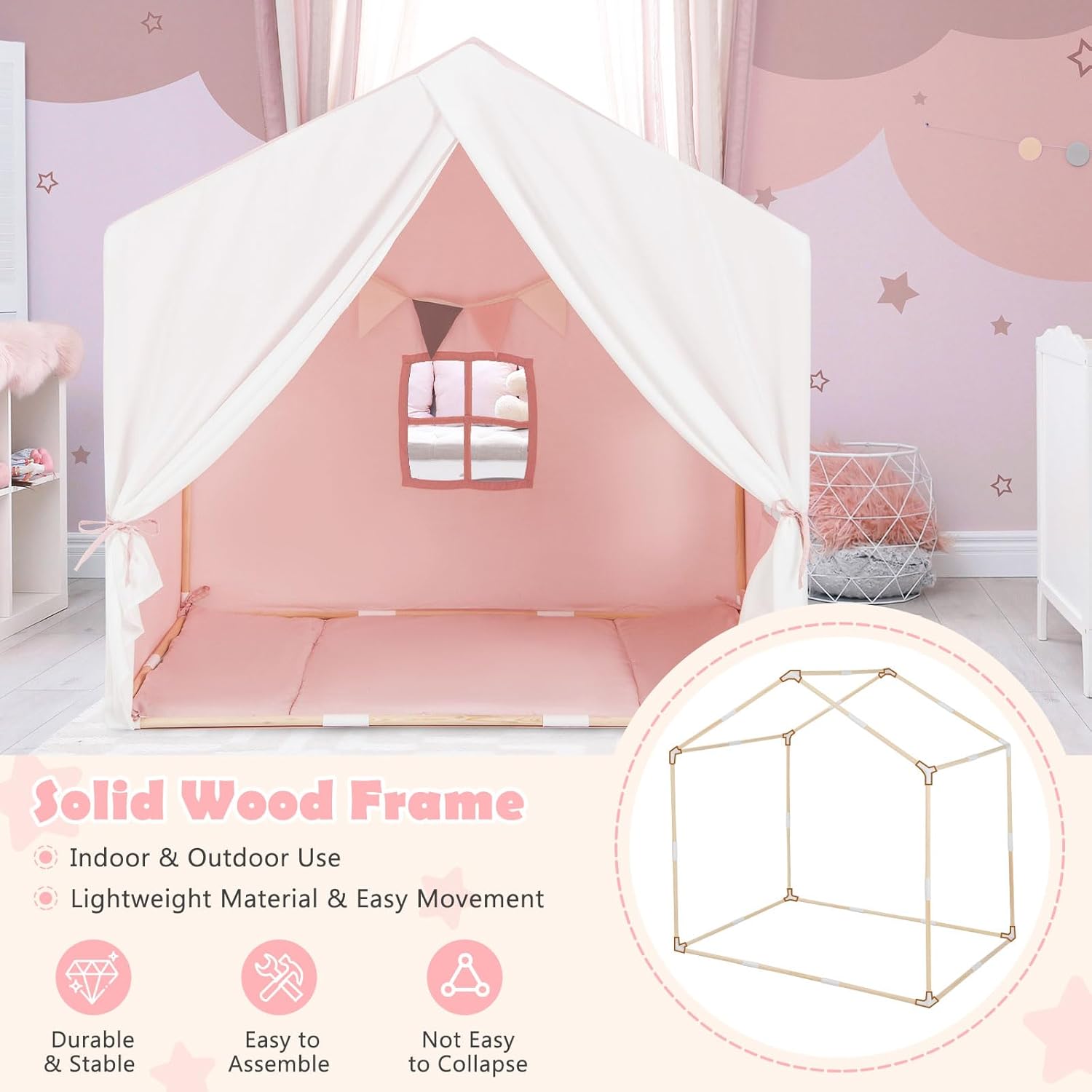 Close-up details of the play tent's breathable windows, gauze curtain with straps, and flag banner