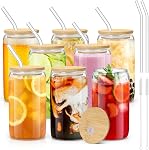 Sungwoo Coupes en verre avec des Lids de bambou et des Pailles, 16OZ Coupe de café glacé, Set de tasse à boire avec des lides en bois, Tumblers en verre essentiel maison pour bière, cocktail, thé et latte clair (4)