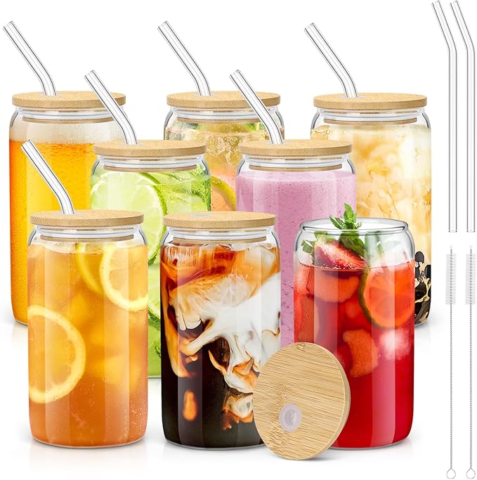 sungwoo 8PCS Glass Cups with Bamboo Lids and Straws, 16OZ