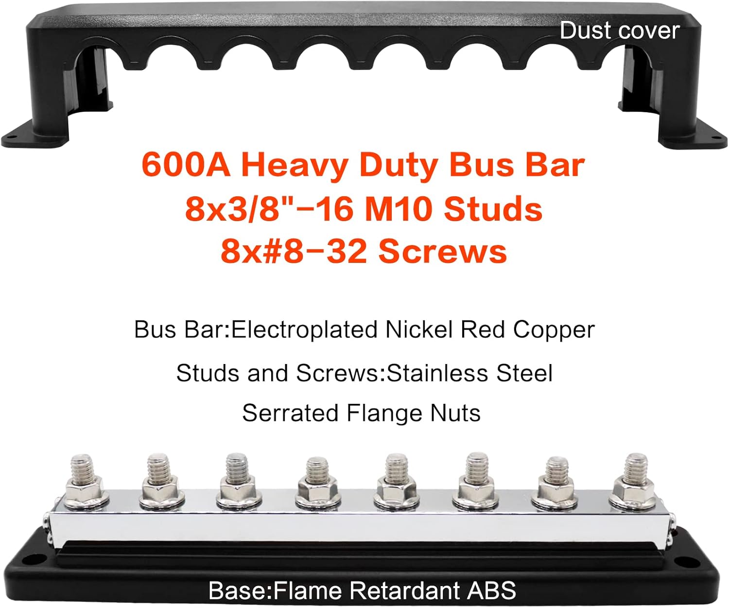 2 Pcs 600 A High Current Copper Bus Bar 300V AC / 48V DC 8 Way 3/8 inch (M10) Studs 8#8-32 Screws Electrical Terminal Ground Distribution Block Battery Buss Bars with Cover (Red & Black)