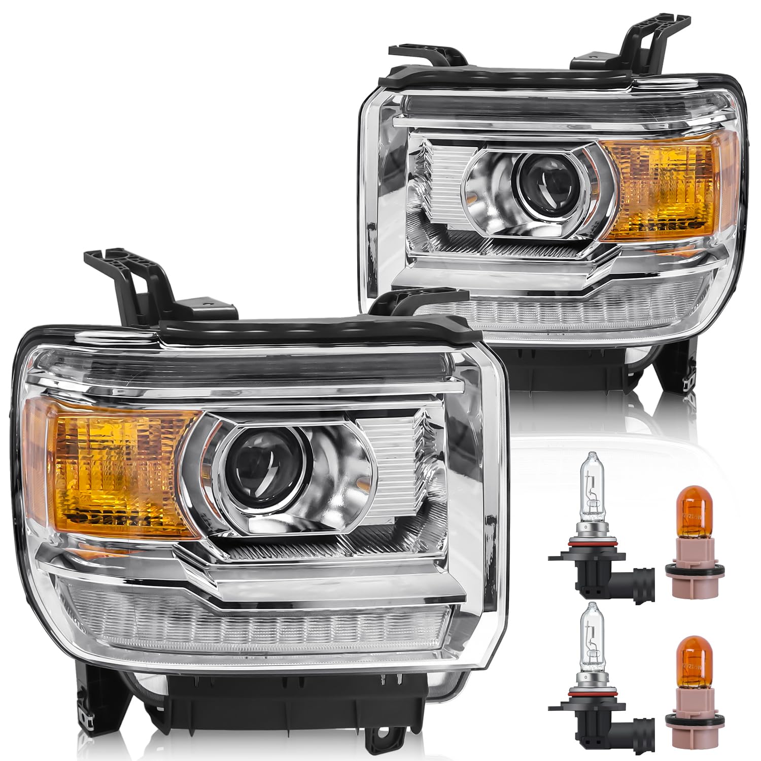 Photo 1 of Headlight Assembly with LED DRL Compatible with GMC Sierra 2014-2018 1500 | 2015-2019 2500HD/3500HD Base/Denali/SLE/SLT, Headlamp Replacement with LED DRL, with Bulbs, Chrome Housing Amber Reflector