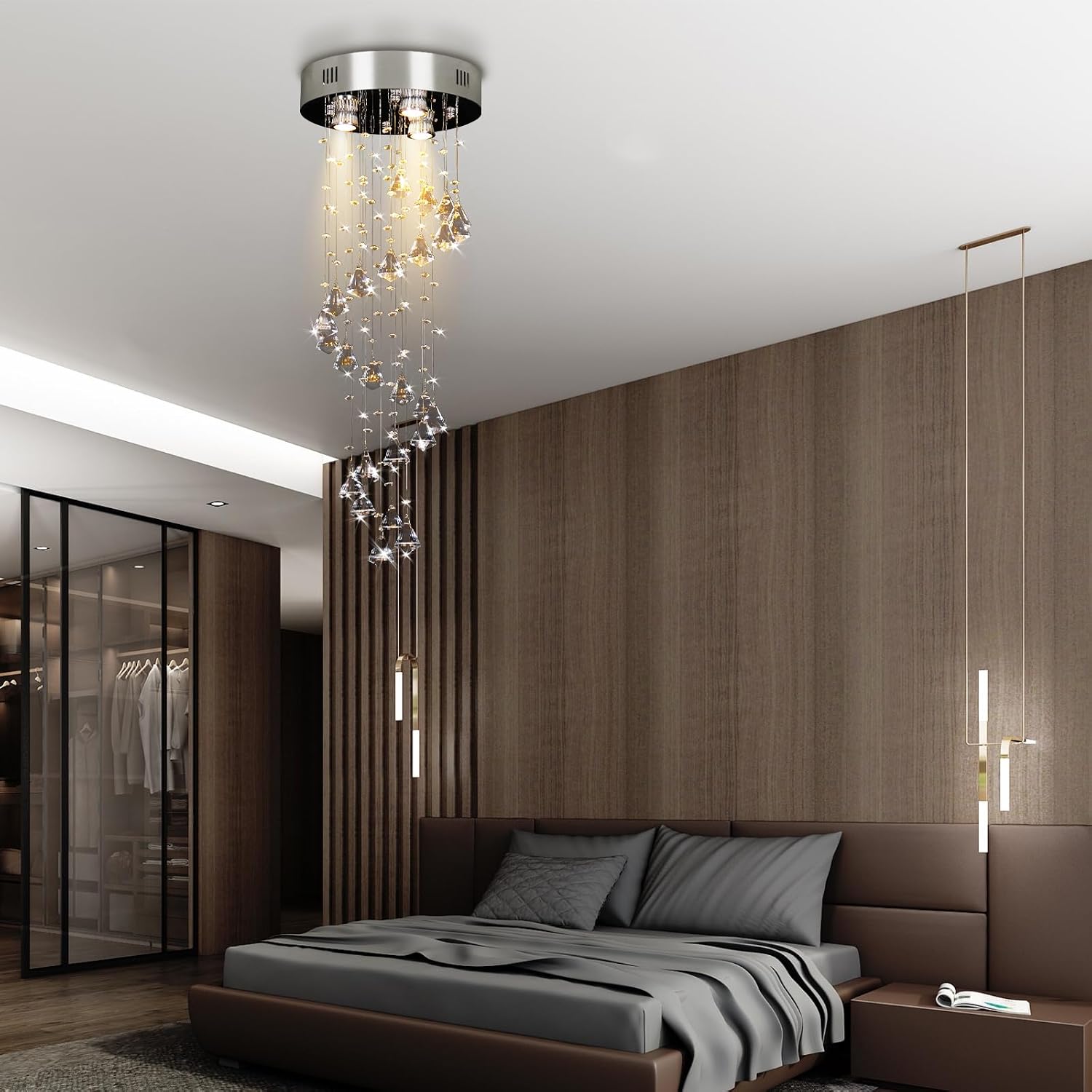 FRIXCHUR Modern Crystal Chandelier for Foyer, Entryway, High Ceiling, Spiral Design, 11.8 in Dia x 35.5 in H, GU10*3 (Bulbs Not Included), Chrome/Clear