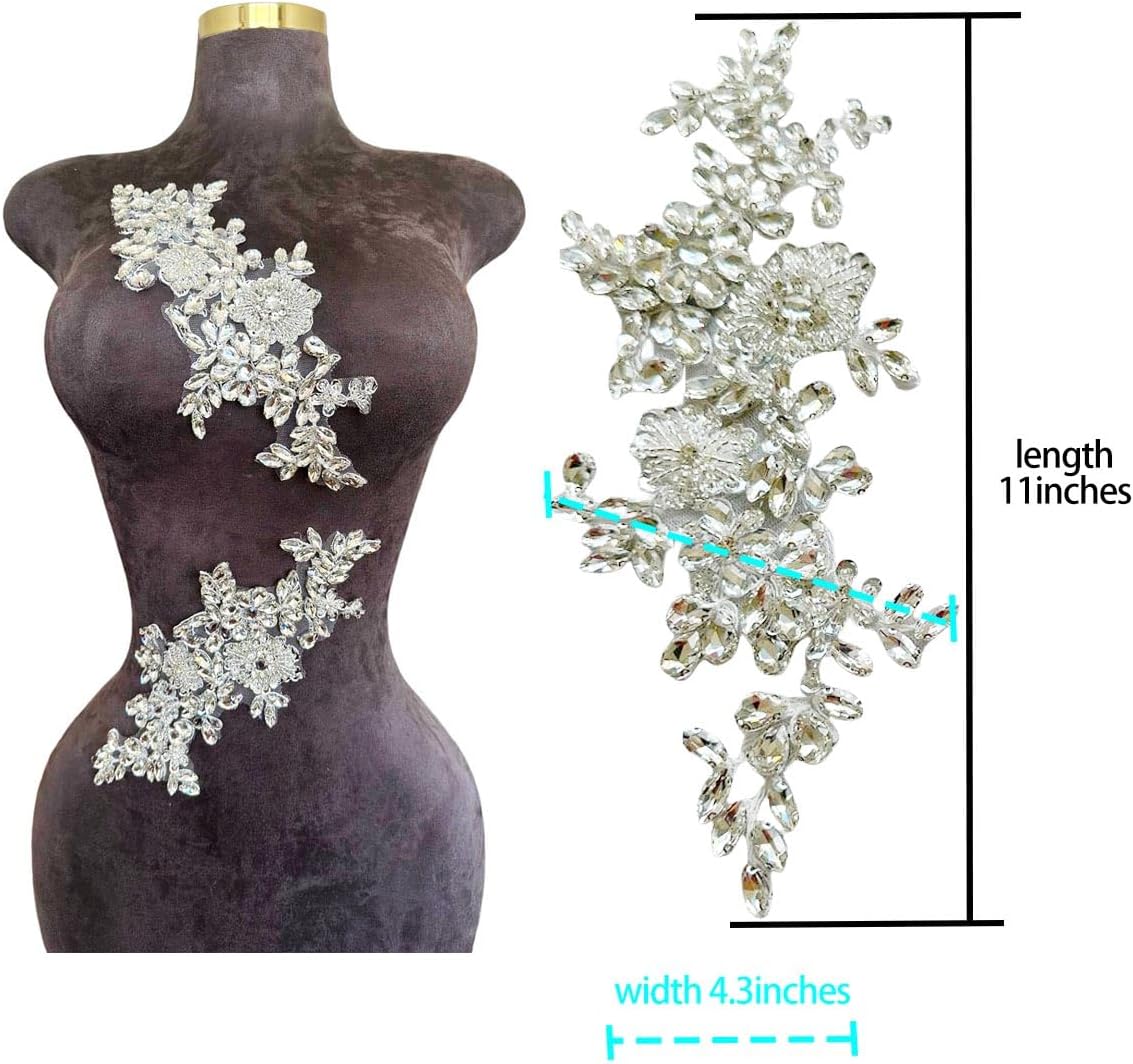 1 Pair/Set Rhinestones Lace Applique Accessories Handsewing Beads Sequins Stones Trim Patches for DIY Girl Wedding Dress Decorations (Silver)