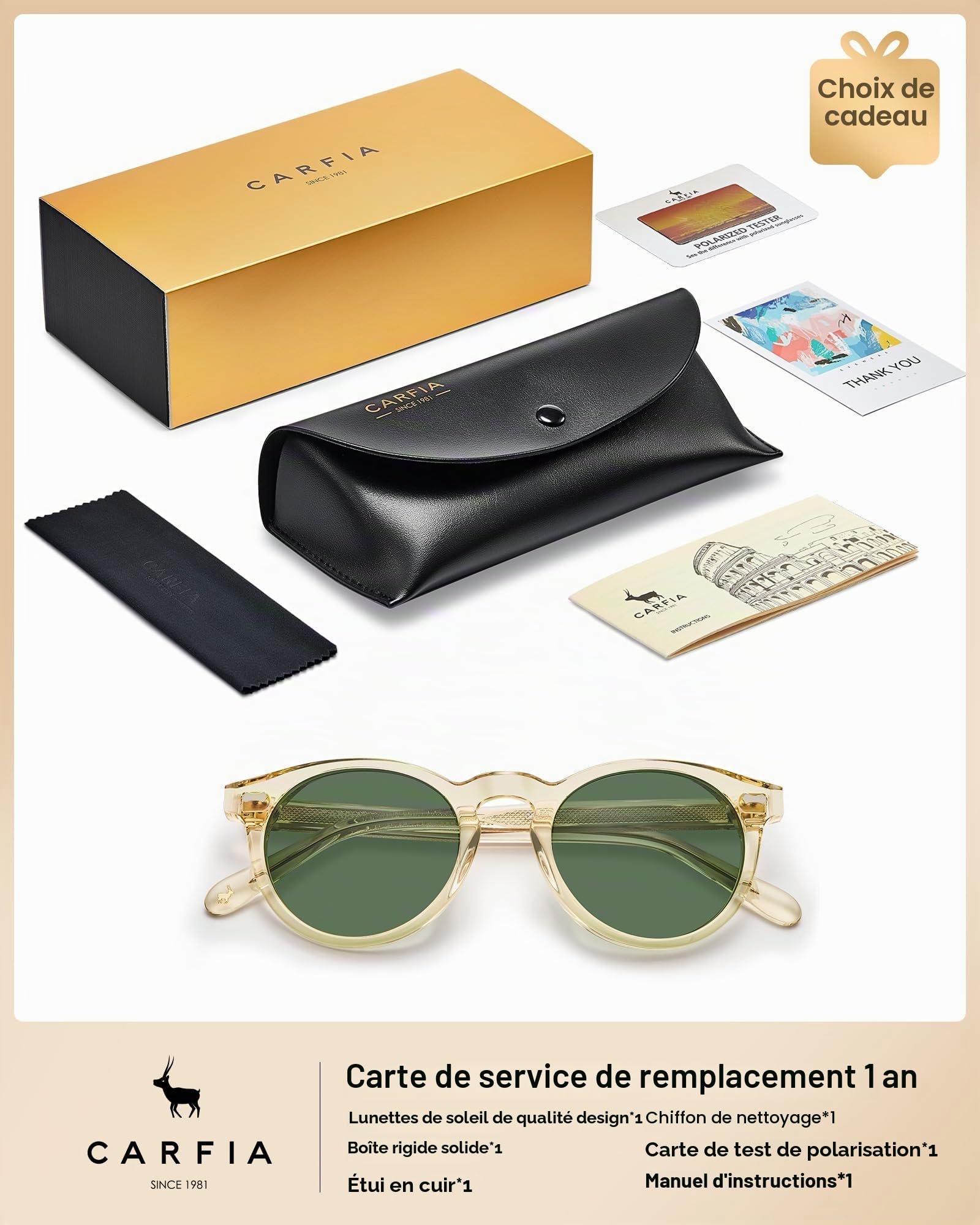 Carfia Lunettes de Soleil Homme Polarisée, Design Retro Acétate Rond Protection UV400 Lunettes pour Conduite et Voyages CA5506