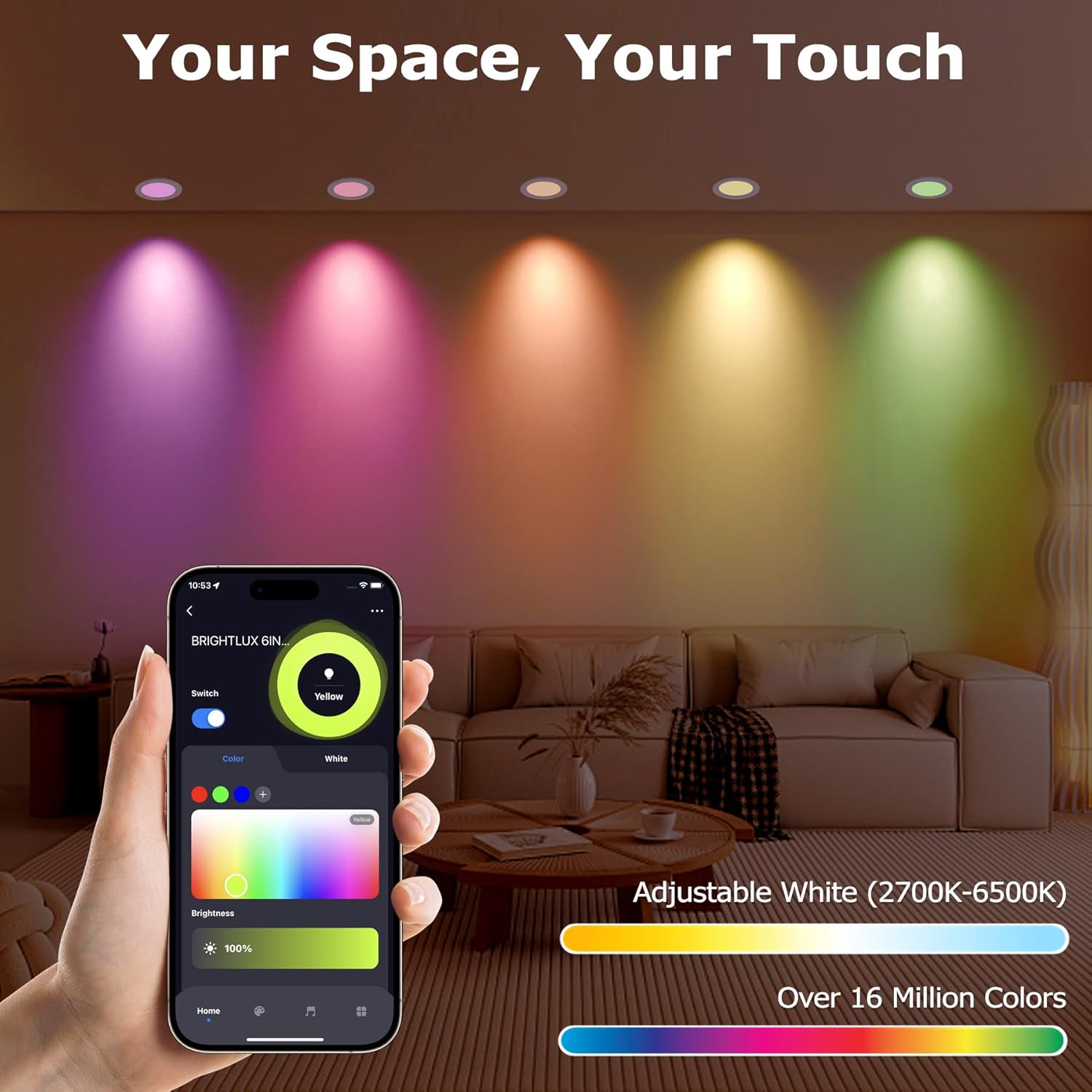 Smart RGB TW(2700K-6500K) Recessed Lighting 6 Inch Color Changing 13W Downlight, 1000 Lumen LED Wafer Light,Damp Location with J-Box Work and Wire Nuts, ETL,4PK