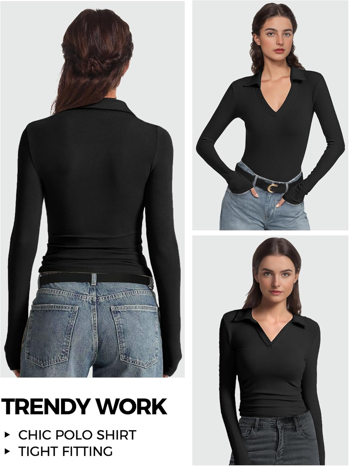 Long Sleeve Polo Shirts for Women V Neck Business Casual Work Tops Collared Shirts Slim Fit T-Shirts Fall Clothes - Image 4