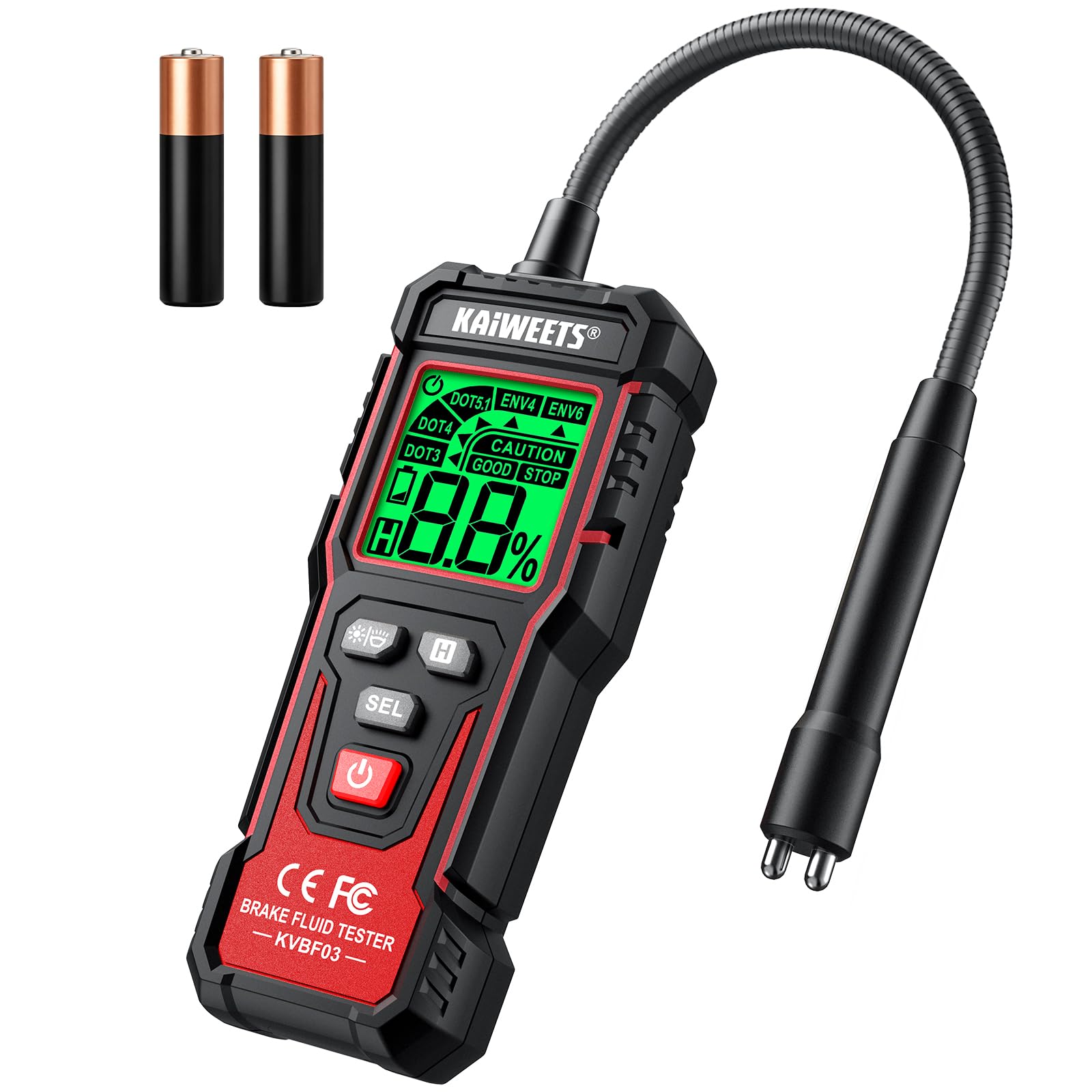 KAIWEETS Brake Fluid Tester Pen with Corrosion Resistance Probe, High-Precision Brake Fluid Moisture Tester with Data Hold Function, Buzzer Alarm, 3 Colors Backlight, Calibrated for DOT3, DOT4, DOT5.1