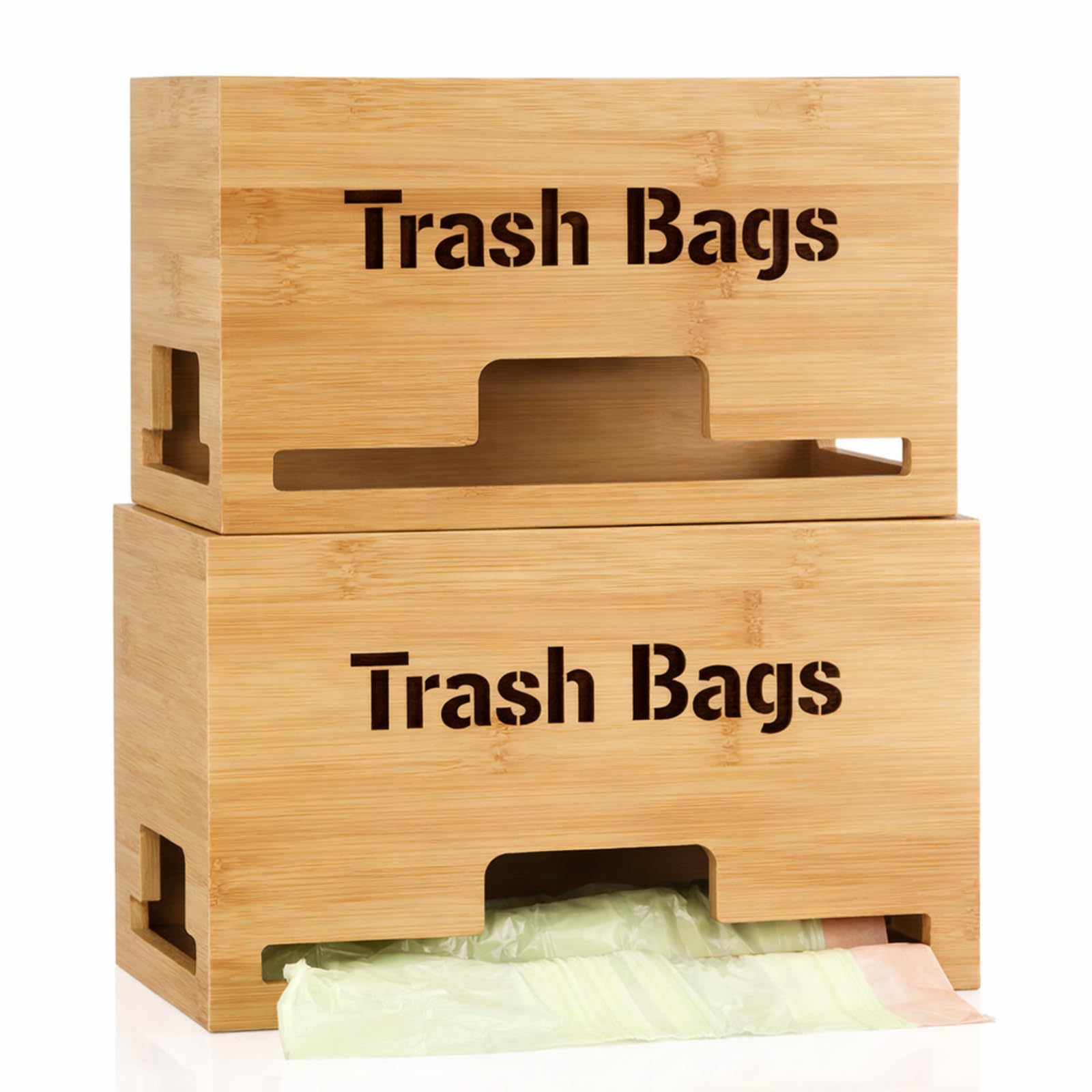 Photo 1 of **COMING APART****Kathfly 2 Pcs Bamboo Trash Bag Holder Dispenser Stackable Garbage Bag Dispenser, Large and Small Size Trash Organizer for Farmhouse Kitchen Laundry Under Sink, Wall Mounted or Freestanding