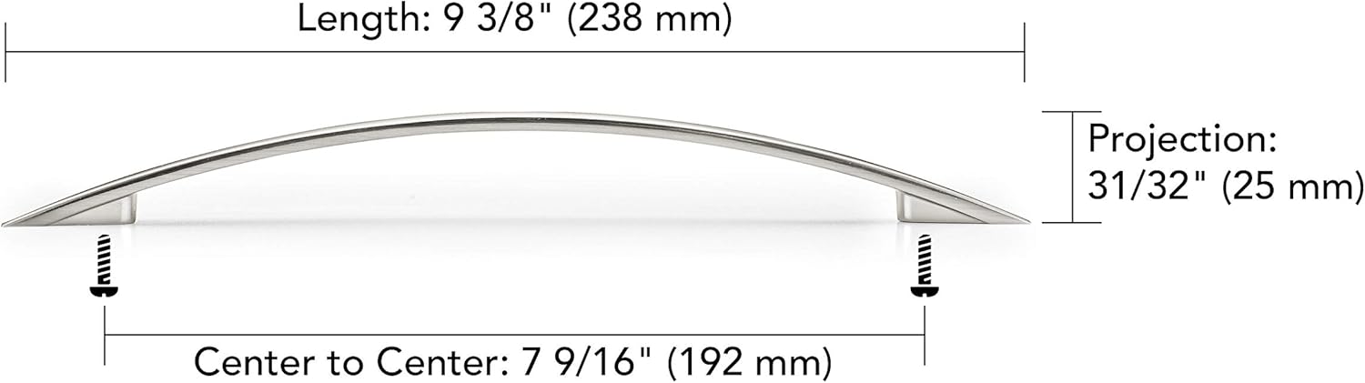 Richelieu Hardware BP821192195 Silverthorn Collection 7 9/16-inch (192 mm) Center-to-Center Brushed Nickel Modern Arched Cabinet and Drawer Pull Handle for Kitchen, Bathroom, and Furniture