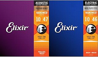 Elixir Strings Acoustic Phosphor Bronze Strings NANOWEB Coating, 6-String, Extra Light & Strings Electric Guitar Strings, 6-String, Light NANOWEB Coating