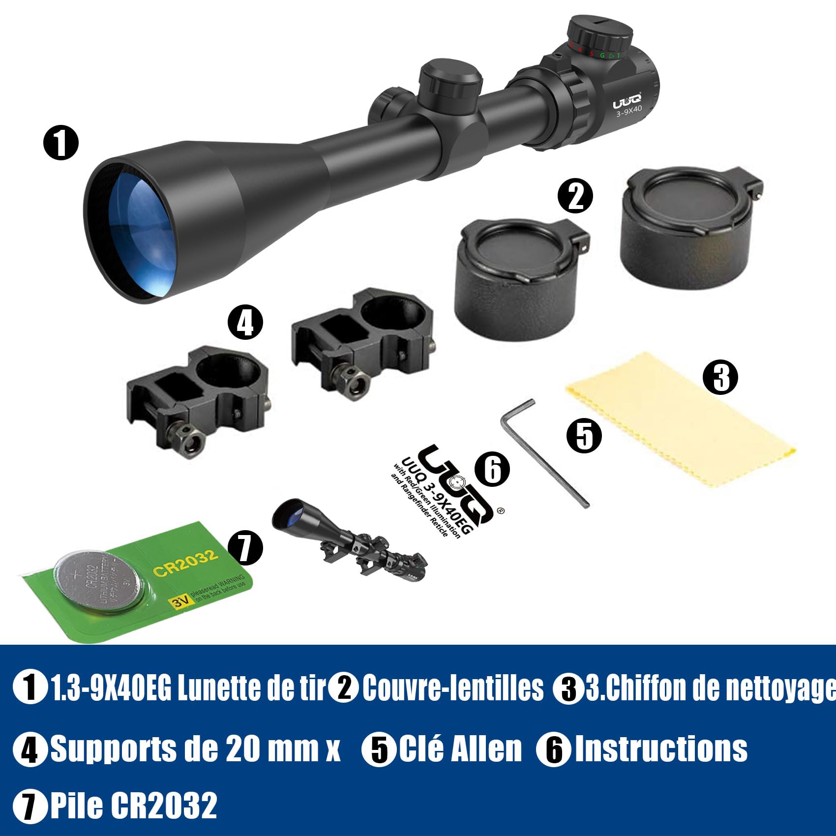 UUQ 3-9×40 Rifle Range con iluminación roja/Verde y medidor de Distancia Reticle Fits 20mm Free Mount, Resistente al Agua, Resistente a la Niebla