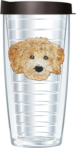 Golden Doodle - Taza de viaje de doble pared con emblema de cara de perro, diseño transparente de 16 onzas con tapa negra fácil de beber