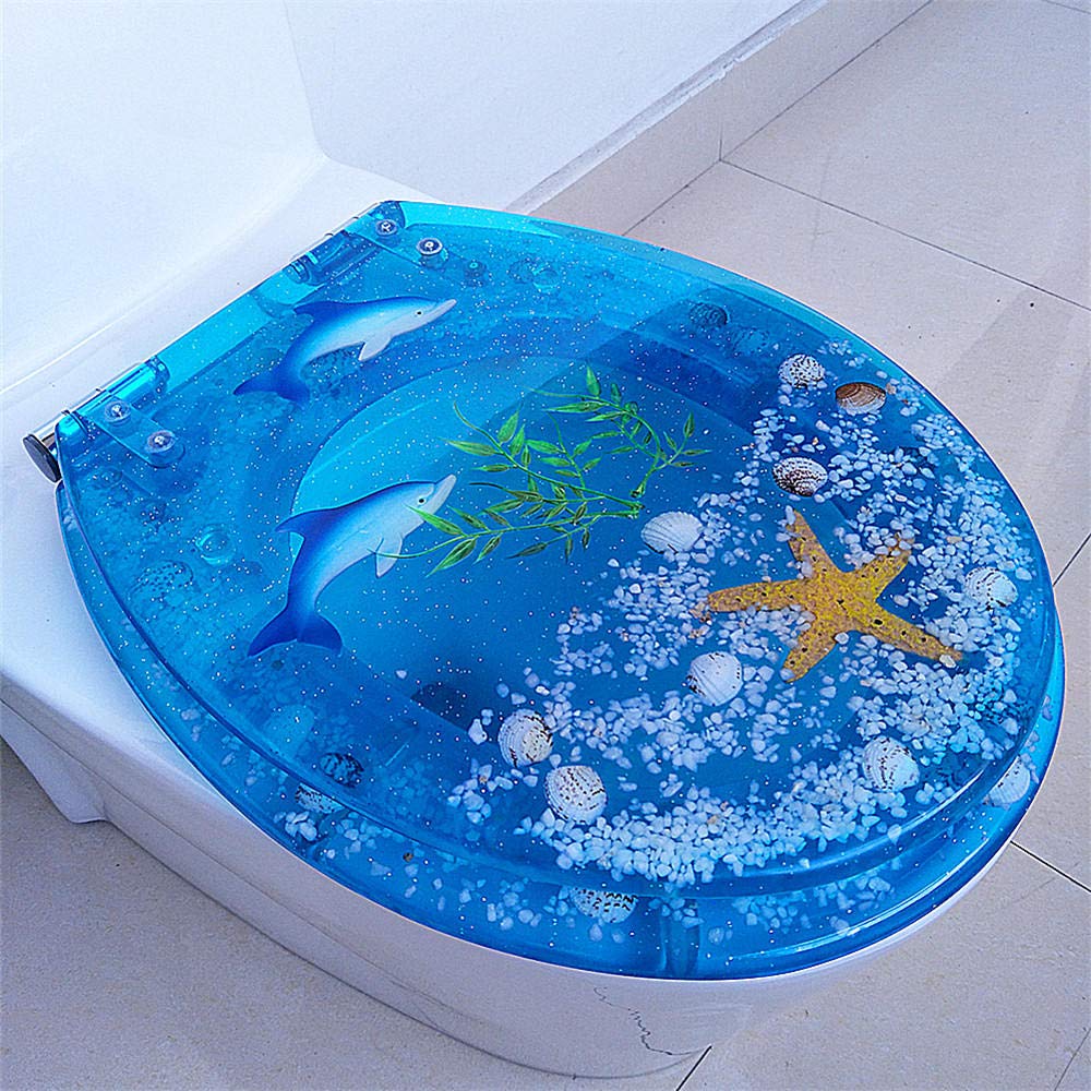 Tapa de inodoro antibacteriana, cierre suave, asiento de inodoro de resina, con fijación superior y liberación rápida, fácil de instalar, delfín azul fácil de limpiar