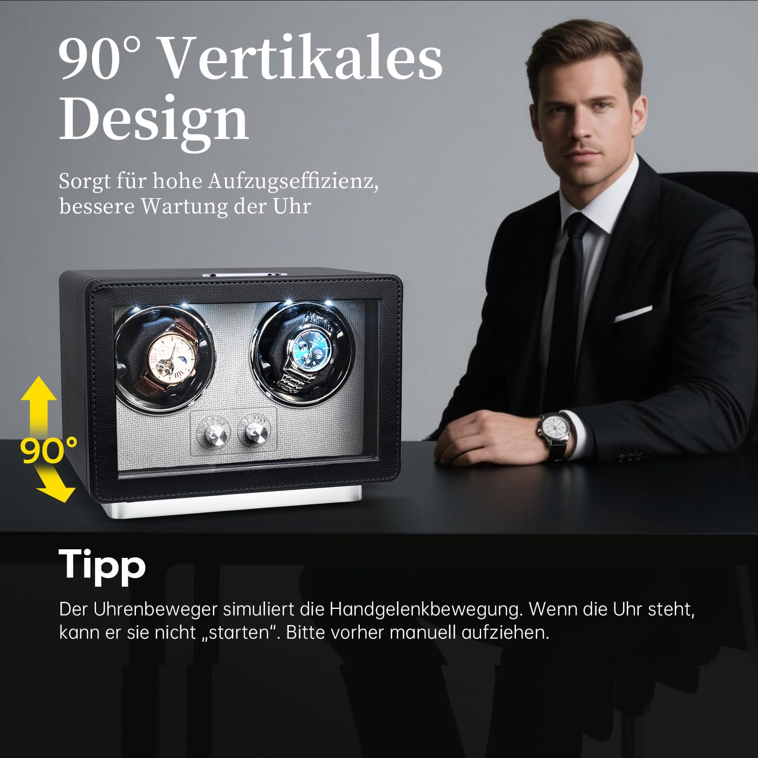 Mcbazel Uhrenbeweger für 2 Automatikuhren, Uhrenbeweger Leiser Motor mit 4 Rotationsmodi, Duale Stromversorgung (USB-C & Batterie), LED-Beleuchtung & Auto-Stopp Funktion
