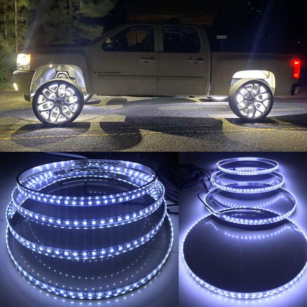 4PCS Set 17.5" Pure White Color Illuminated LED Wheel Lights Switch Control LED Wheel Rings Lights for Truck IP68 Waterproof All Car Offroad Switch Control