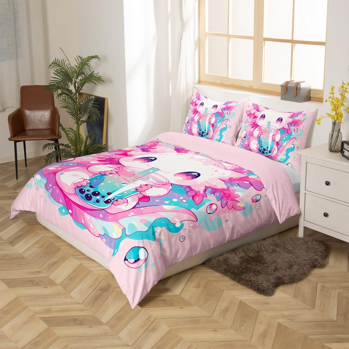 Homewish Axolotl Comforter Cover Cute Salamander Pattern Kawaii Bedding Set Single Sweet Dessert Milk Tea Duvet Cover Ocean Beach Coastal Bed Cover For Kids Girls Boys Bedroom Decor,Pink - Image 2