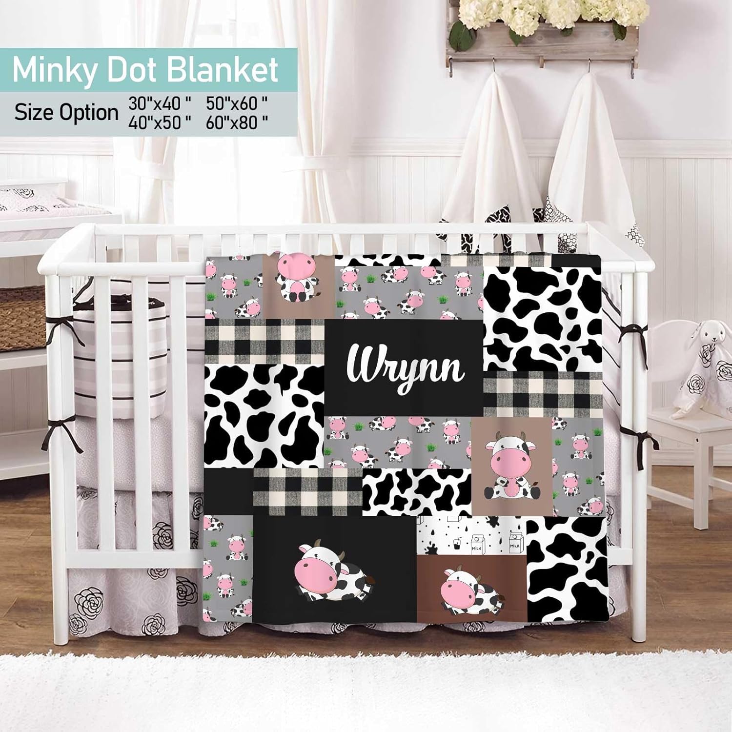 Custom Name Baby Crib Bedding Sets for Boys Girls, 3 Piece Personalized Cute Cow Minky Dot Blanket, Fitted Sheet, Baby Changing Pad Cover