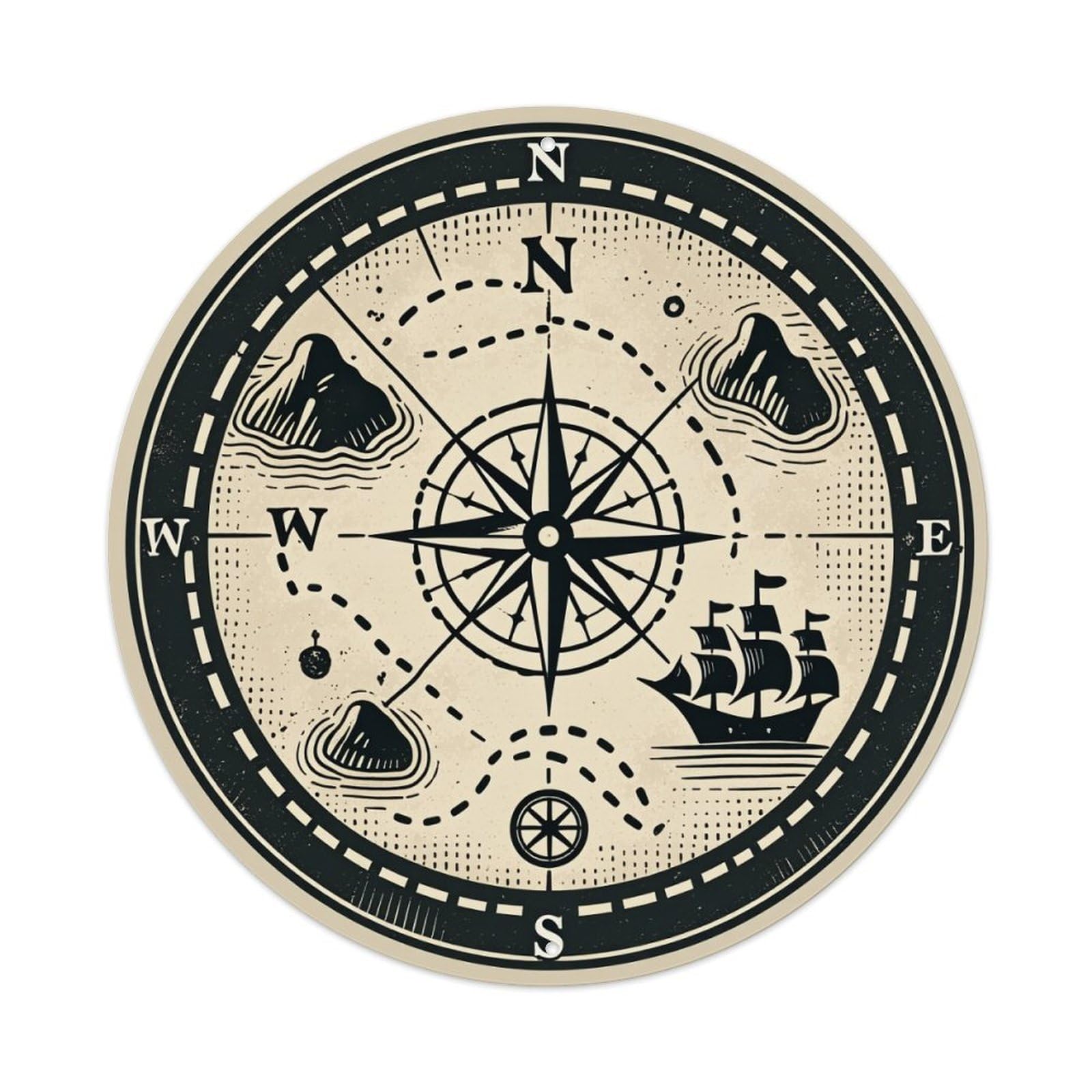 Compass Rose Island Ship Waves Round Tin Sign Vintage Metal Poster, Home Bar Garage Man Cave Cafe Indoor & Outdoor Wall Decoration 8x8Inches