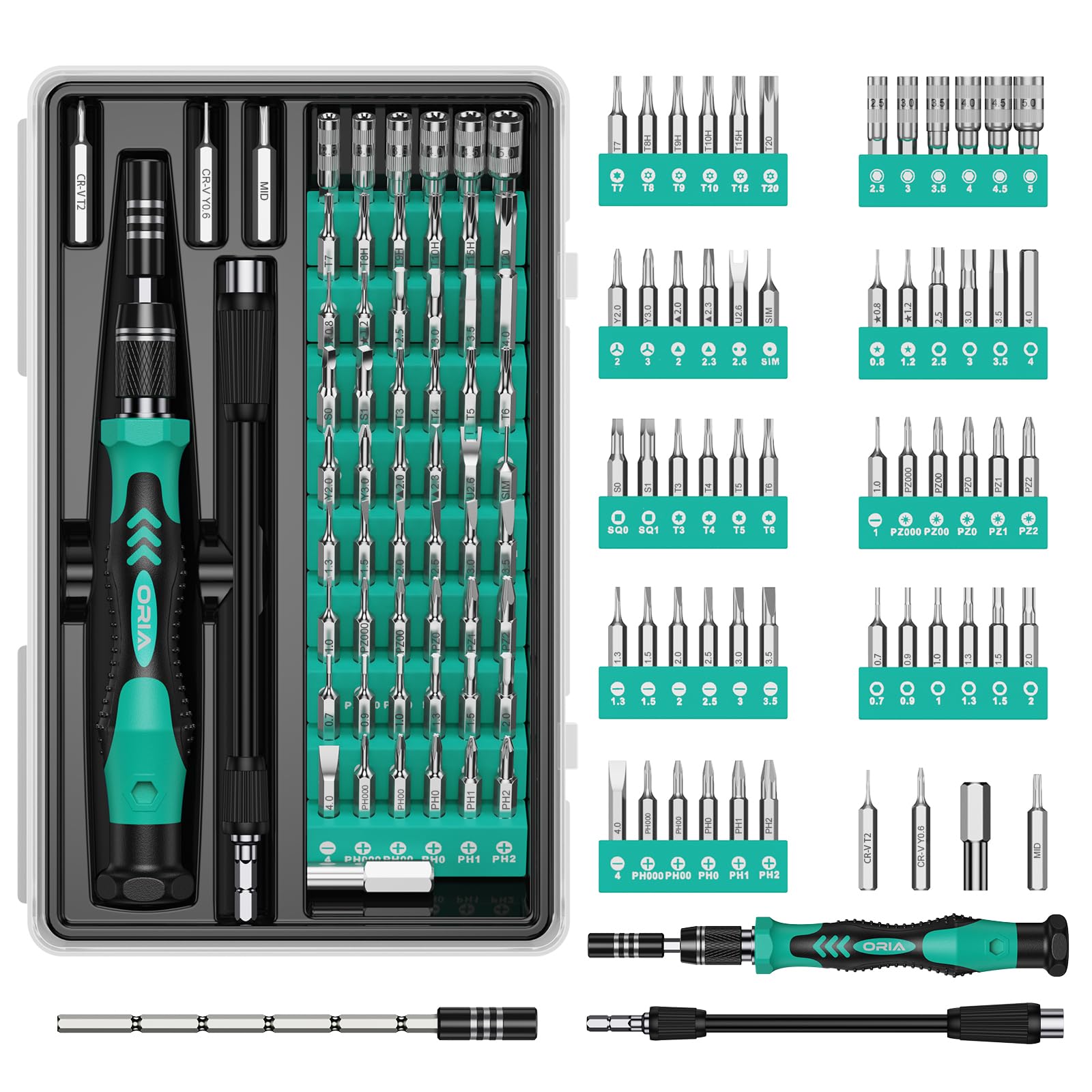 ORIA Small Screwdriver Set, 61 in 1 with 57 Bits Precision Screwdriver Set, Mini Repair Tool Kit with Extension Rod for Smartphone, Game Console, Tablet, PC, Green
