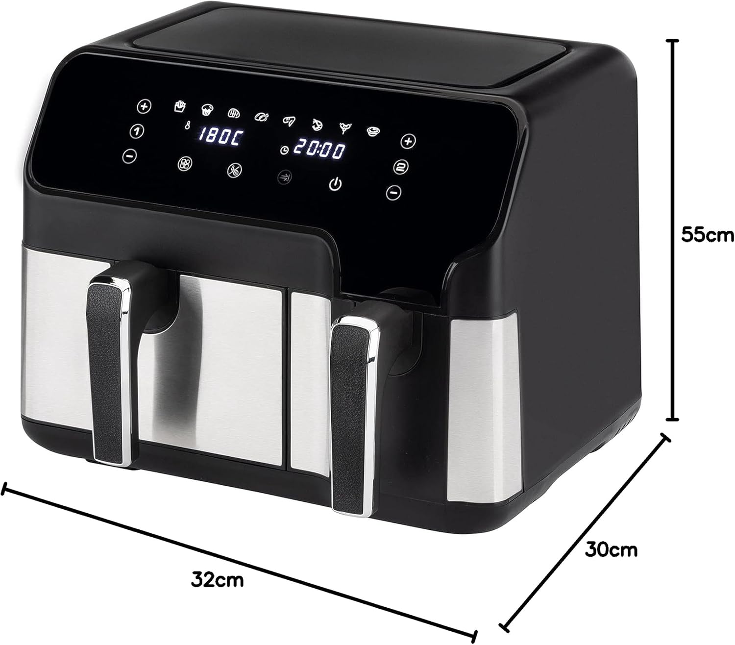 JATA JEFR1228 - Friggitrice ad aria senza olio da 9 litri con due cestelli indipendenti Pannello di controllo digitale 8 funzioni Timer fino a 60 minuti Temperatura: 80-200° Privo di BPA JATA JEFR1228 - Friggitrice ad aria senza olio da 9 litri con due cestelli indipendenti Pannello di controllo digitale 8 funzioni Timer fino a 60 minuti Temperatura: 80-200° Privo di BPA
