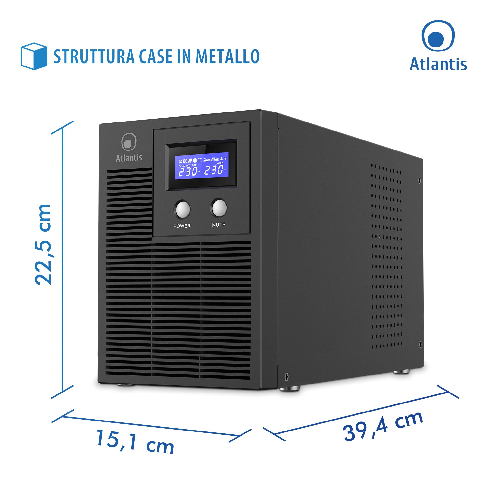 Atlantis Gruppo di Continuità Low Noise 3000VA/2100W, onda sinusoidale pura | UPS Line Interactive, 36,6 dB(A), LCD, USB-HID, 3 IEC + 2 Schuko, RS232, Slot SNMP, 4 batterie 12V 7Ah, cod. A03-HP4003PXLN