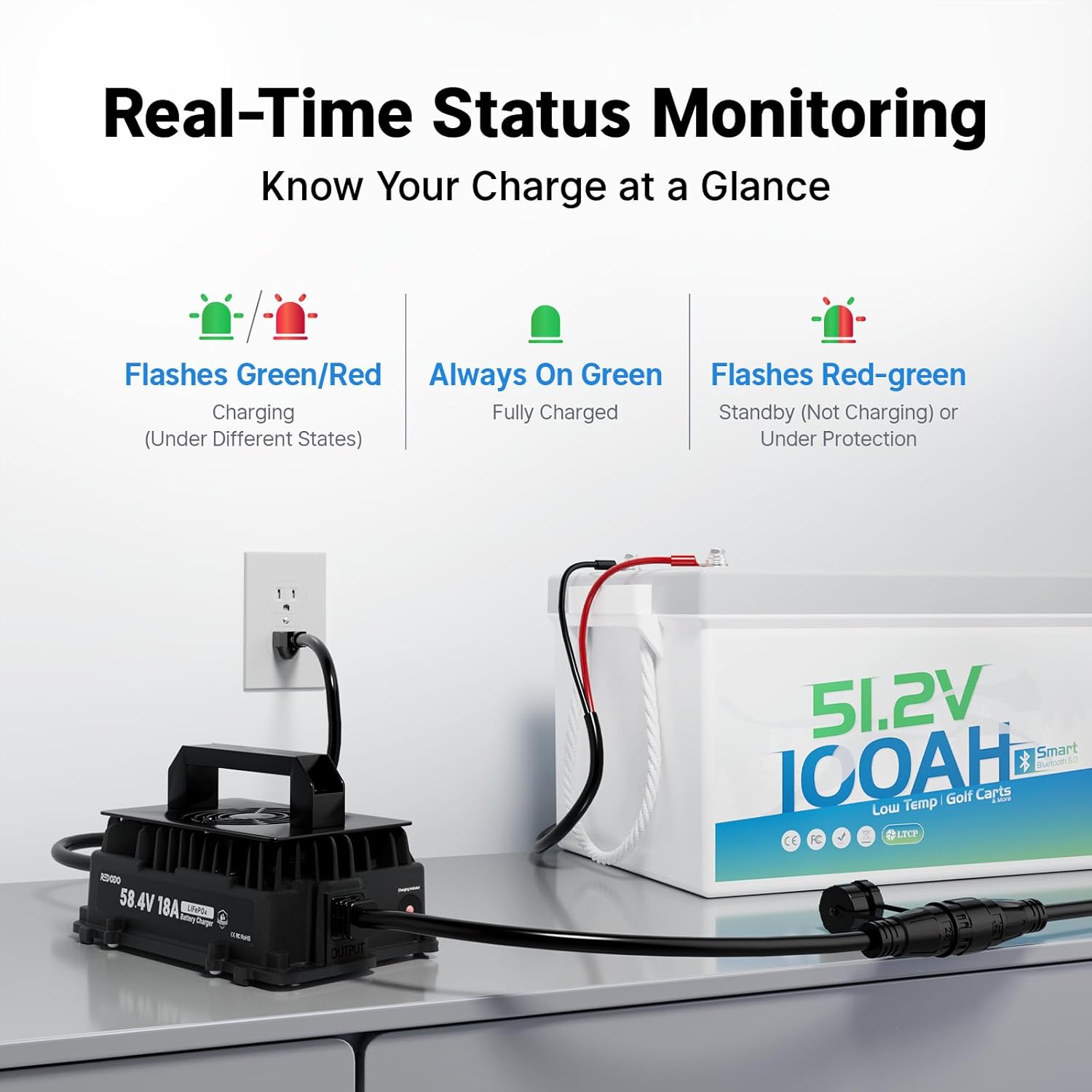 Redodo IP65 Waterproof 58.4V18A LiFePO4 Battery Charger for 48V (51.2V) Lithium Batteries, Equip Multi-Protection, LED Status,Smart 3-Stage Charging, Perfect for Golf Carts, Boats, Off-Grid,Home