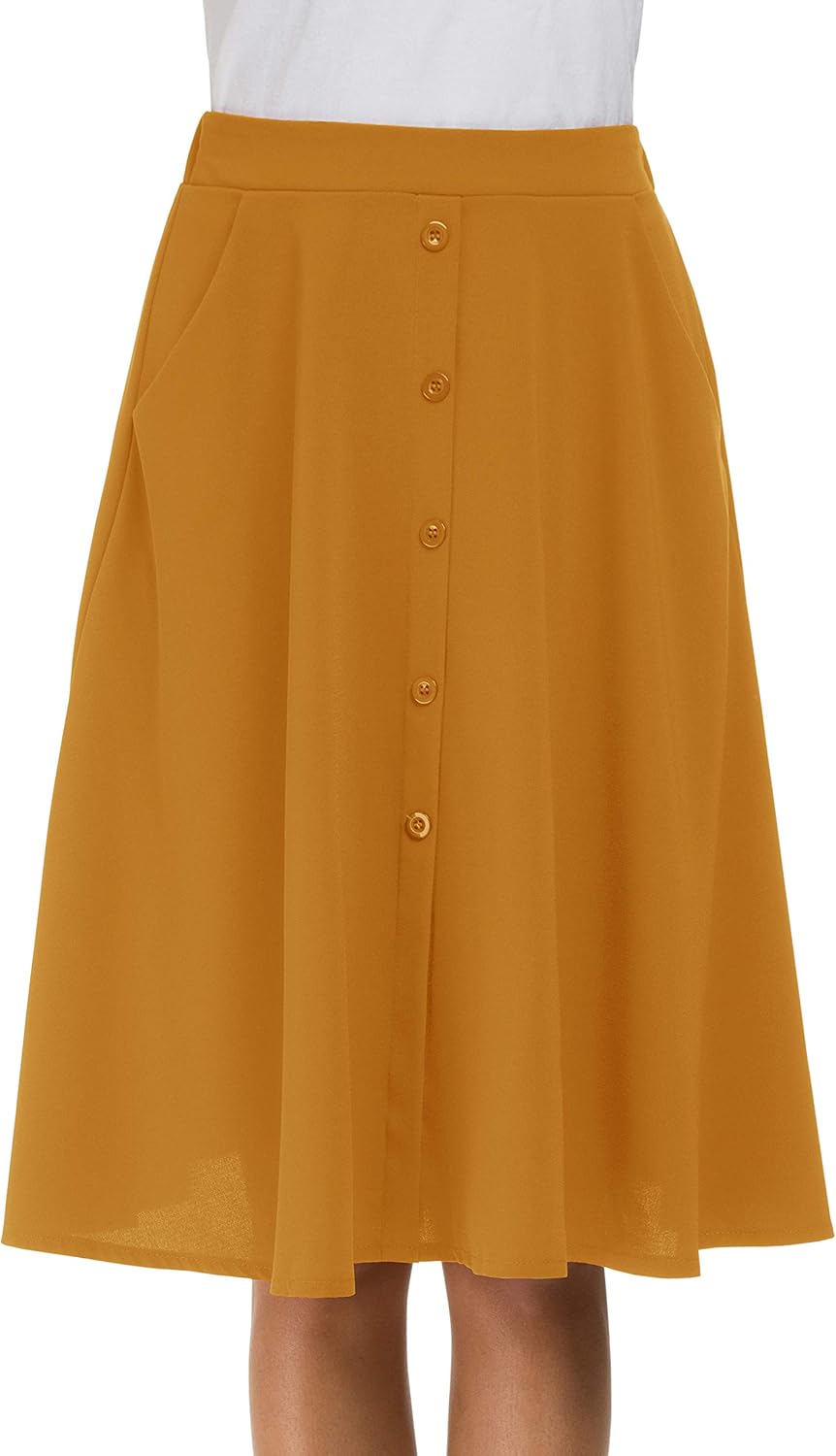 Afibi Womens High Waisted A Line Pleated Midi Skirt Button Front Skirts with Pocket - Image 2