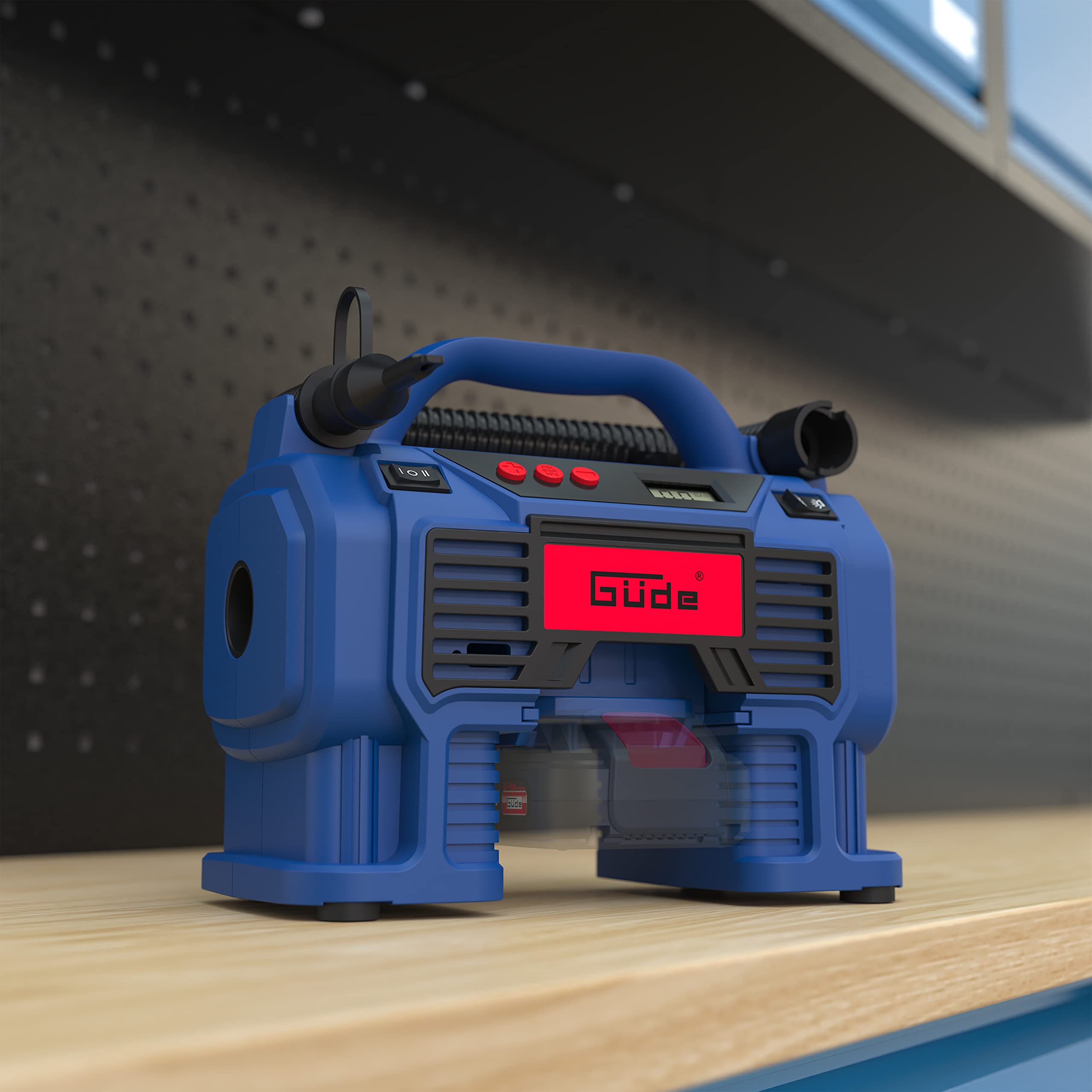 Güde Akku Kompressor K 18-0 (18V oder Zigarettenanzünder, max. Druck: 11 bar, eff. Liefermenge 0 bar: 10 l/min, Luftvolumenstrom: 22 m³/h, LED-Arbeitsscheinwerfer, ohne Akkupack und Ladegerät)