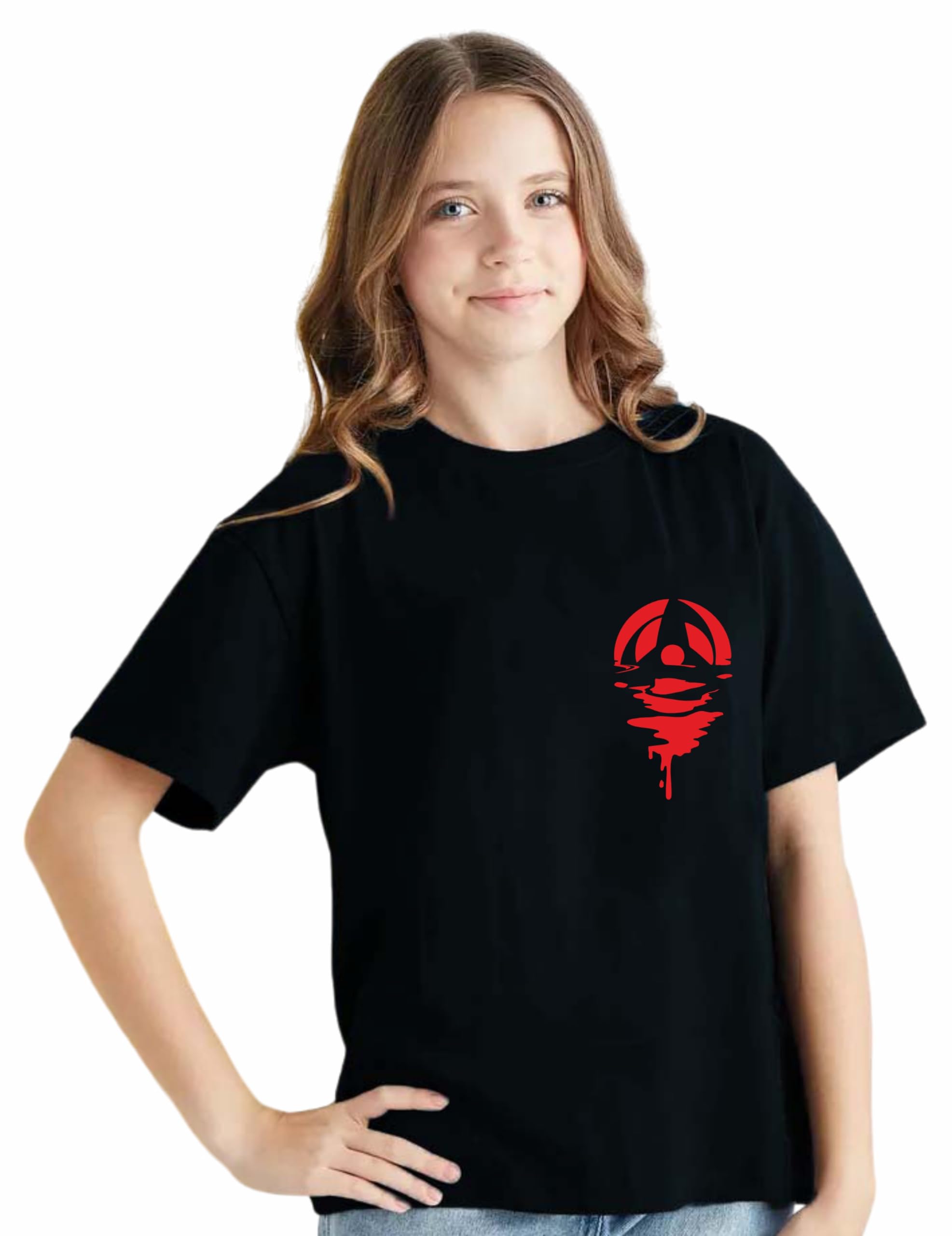 Uniplanet Store Camiseta de algodón de media manga, ajuste normal, color negro, Five Anime Story, camiseta para niña, estampado en la espalda