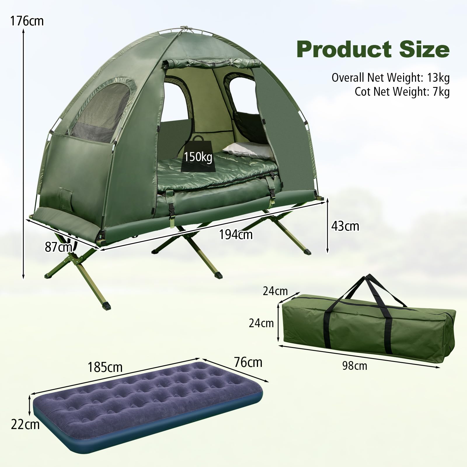 HOMASIS Campaña de Camping con Tienda, Cama de Camping con toldo, Colchón de Aire, Saco de Dormir y Almohada, Tumbona de Camping con Bolsa de Transporte para 1/2 Persona, Verde
