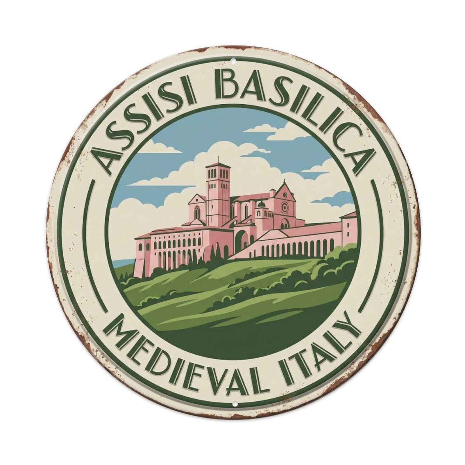 Assisi Basilica Medieval Italy Hilltop Metal Tin Sign Plaque Wall Decor for Cafe, Club, Garden Round Metal Poster 8x8Inch