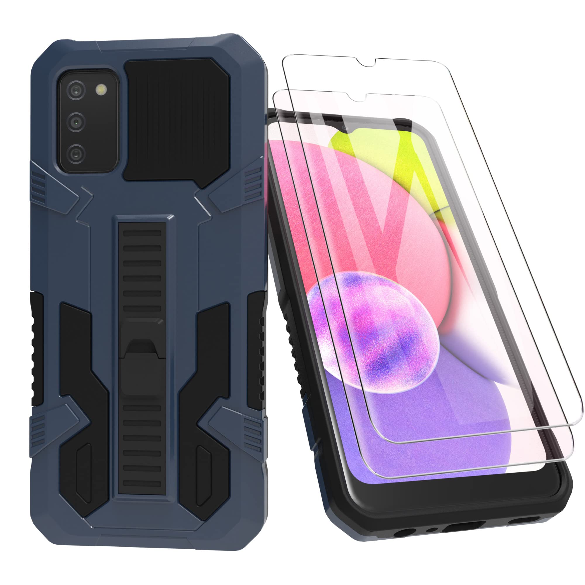 HTDELECMobile Phone Case Compatible with Samsung Galaxy A03s Case and Pack of 2 Screen Protectors, Bumper Stand Armour Case Cover - Blue