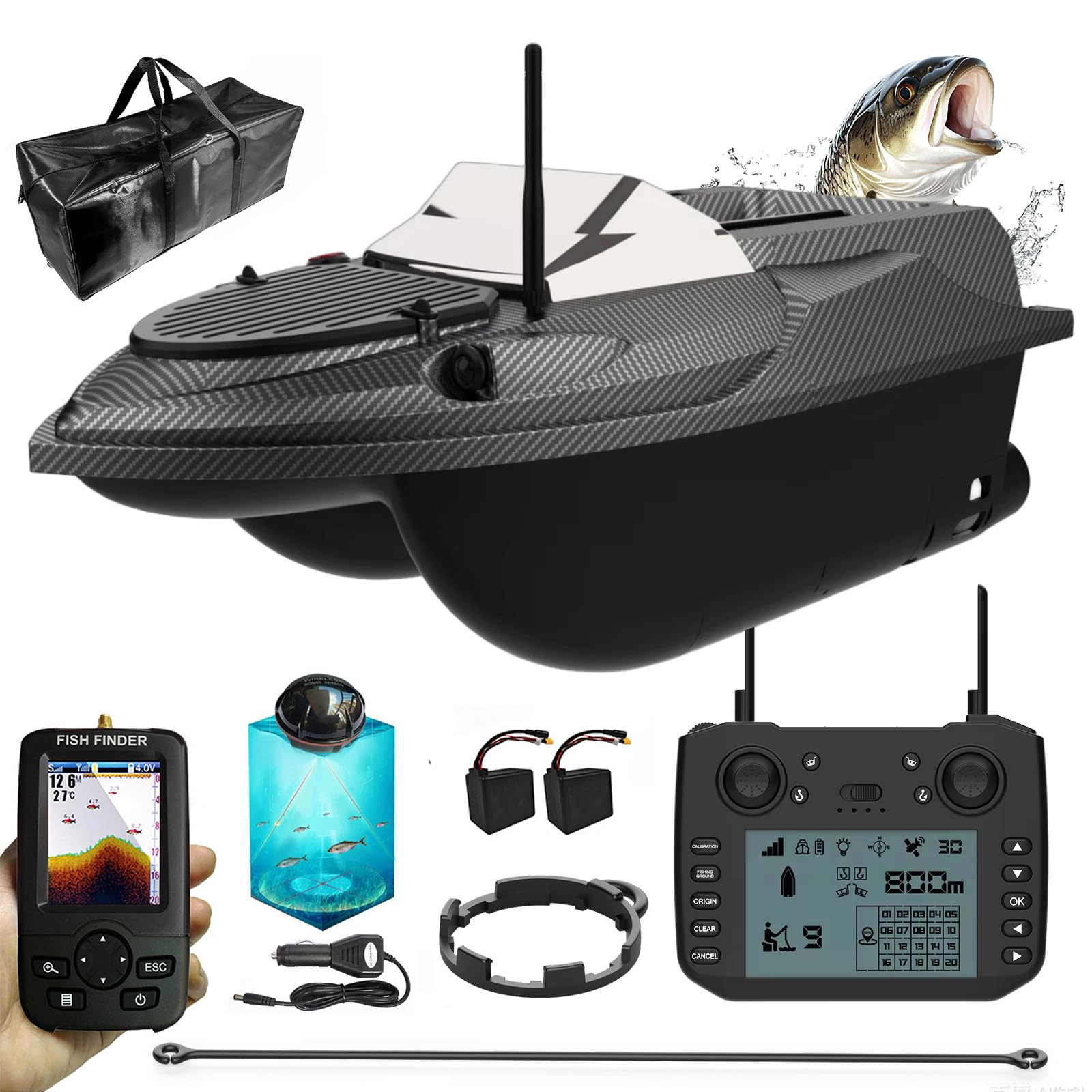 Barca Esca da Pesca RC con GPS ed Ecoscandaglio, Bait Boat Telecomandata, 180 Waypoint, Controllo 800 m, Serbatoi Esca 3 kg, Ritorno Automatico, Rilascio Amo e Rete, Nera