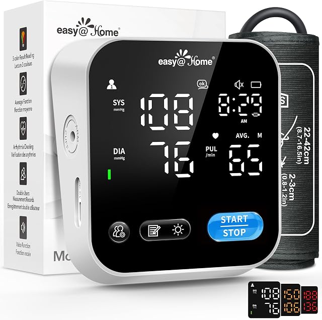 Easy@Home Blood Pressure Machine for Home Use: 3-Color Result Reading Blood Pressure Monitor - LED Backlit Screen & Voice Function - 2x120 Memory with Upper Arm Cuff (22-42cm), NOT Bluetooth | EBP-703